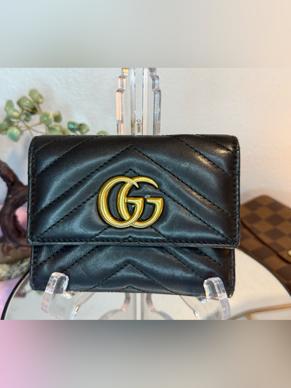 Gucci GG Marmont Black Matelassé Leather Compact Trifold Wallet Italy